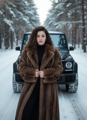 Создай, не меняя черты лица. Реалистичный снимок, высокая детализация лица, кадр на заснеженной лесной дороге при холодном мягком зимнем освещении, подчёркивающем контраст суровой природы и гламура.  
Портретная съёмка. Женщина стоит у машины, смотрит в камеру. На ней чёрный облегающий комбинезон с длинными рукавами и высоким горлом, длинная, объёмная, натуральная меховая шуба коричневого цвета с фактурой, руки перед собой. Свет и тени акцентируют линии тела и стройность позы, мощная машина на фоне сочетает индустриальную холодность с природной суровостью. Снег покрывает землю, создавая контраст тепла меха и мороза, придавая атмосфере таинственность и силу. Цвета — приглушённые тёмные и естественные с акцентом на чёрное и коричневое, как кадр из кинематографичного модного фотопроекта, фотореалистичное, высокая текстурная детализация, 4К. Сзади автомобиль Mercedes‑Benz G 63 AMG