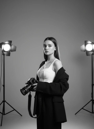  Photo of a woman holding a professional camera in her hands, medium shot showing the figure from head to hips, composition with central placement and right angle, wearing a white corset top with a square neckline, a black oversized long-sleeved jacket draped over her shoulders, black wide-leg trousers, wears silver rings and earrings, holds the camera with a black strap, stands in front of a gray studio wall with two professional lighting devices on either side, bright directional light from studio spotlights, side lighting with emphasis on the face, harsh shadows with clear contrasts, dramatic and focused atmosphere, shot with an 85mm portrait lens, shallow depth of field with a soft background blur, photorealistic style with textured detail, 8K resolution, black and white color palette, highly detailed.