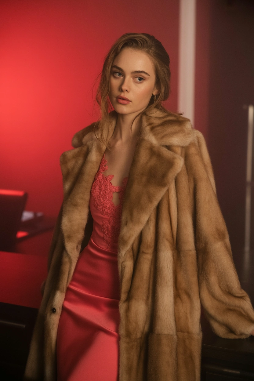 Женщина в студии на красном фоне в роскошной норковой шубе карамельного цвета, под ней алое приталенное платье с кружевным декором. Стоит в уверенной позе, смотрит прямо в камеру, волосы свободно лежат на плечах, макияж гламурный с выразительными глазами, образ праздничный и яркий.