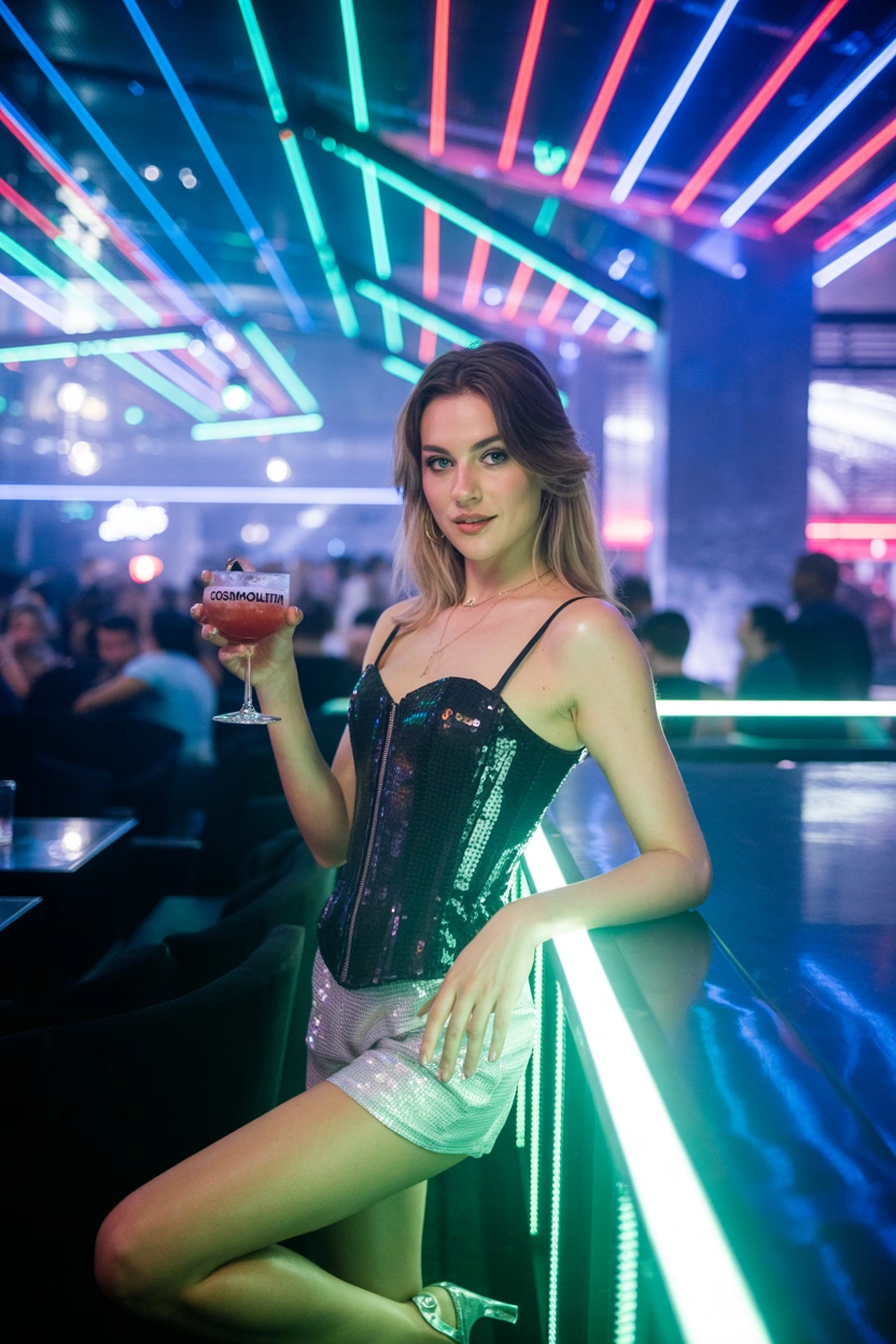 Женщина в модном клубе, одета в черный корсет с пайетками и короткие серебристые шорты, на ногах прозрачные туфли на высоком каблуке, стоит у ярко подсвеченного подиума, одной рукой держит коктейль, другой опирается на перила, свободно позирует и смотрит прямо в камеру. Вокруг разноцветные огни, атмосфера веселья.