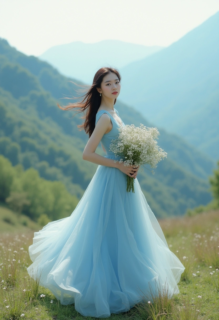Әйел көктемгі төбеде ұзын көк түсті жеңіл көйлек киіп тұр. Ол желге тербелген күйде, қолында гүл шоғы бар, камераға қараған көзі жұмбақ әрі нәзік. Артында тау бөктері мен кең аспан көрінеді.