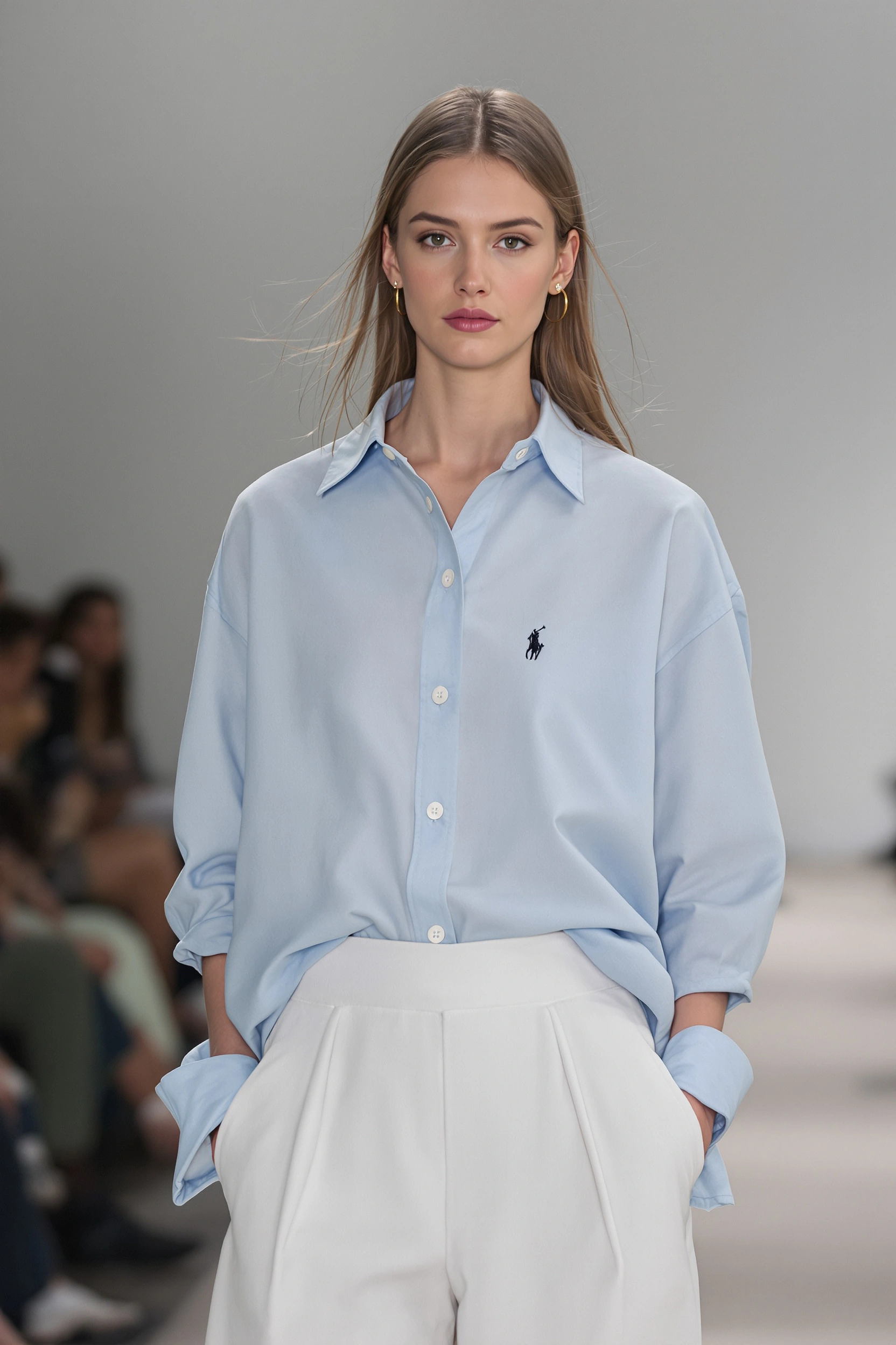 Женщина стоит на подиуме, ощущается стильный casual от Ralph Lauren: на ней светло-голубая рубашка оверсайз, аккуратно заправленная в белые укороченные брюки со стрелками. Минималистичный фон, мягкое освещение, смотрит прямо в камеру, средний план.