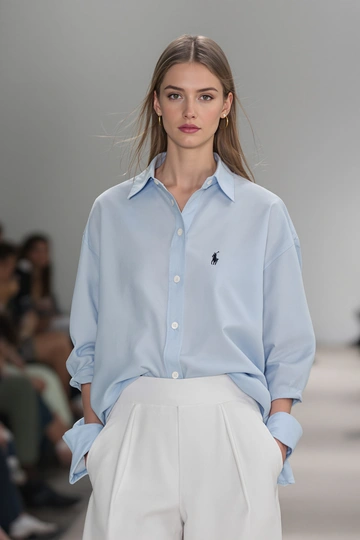 Женщина стоит на подиуме, ощущается стильный casual от Ralph Lauren: на ней светло-голубая рубашка оверсайз, аккуратно заправленная в белые укороченные брюки со стрелками. Минималистичный фон, мягкое освещение, смотрит прямо в камеру, средний план.