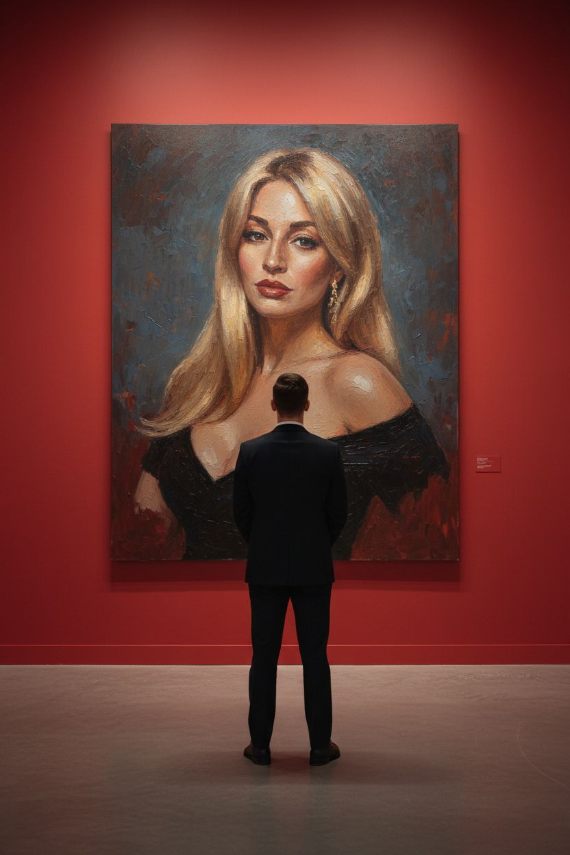 Создай сцену в галерее современного искусства, используй прилагаемое изображение лица и внешности человека, не меняя черты лица. На стене висит большой портрет человека маслом. Её лицо и верхняя часть тела написано в реалистичной, экспрессивной манере масленной живописи с текстурированными мазками и приглушенными цветами. Чистая красная стена галереи создаёт профессиональную атмосферу выставки благодаря мягкому освещению, освещающей произведения искусства. Перед картиной с видом сзади, стоит мужчина рассматривая картину, что придаёт сцену кинематографическое и таинственное настроение.