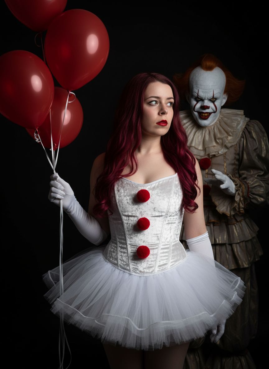 Создайте фото, не изменяя черты лица, в костюме Пеннивайза. Детали костюма и персонажа: На ней белый корсет из бархата или подобного материала, украшенный спереди красными помпонами. На ней короткая белая юбка-пачка из тюля. Среди аксессуаров — длинные белые перчатки. В правой руке она держит три красных воздушных шарика. У неё длинные волнистые волосы бордово-красного цвета, а макияж подчёркивается яркой красной помадой. Выражение её лица серьёзное, взгляд направлен в сторону. Фон и атмосфера: Фон преимущественно тёмный, создающий эффектный контраст с белым костюмом. За ней стоит клоун Пеннивайз, наблюдает. Это студийное фото с эффектным освещением, запечатлевшее популярный костюм для Хэллоуина или тематической вечеринки.