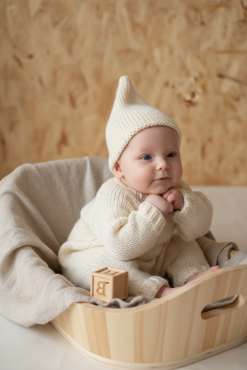 Мини-душка из светлого дерева, лен и шерсть. Мальчик лежит на боку, руки под подбородком, ножки мягко согнуты. На нём вязаный комплект цвета топлёного молока и маленькая шапочка-колпак. Рядом небольшой деревянный кубик с буквой (без текста, аккуратно). Свет — мягкий, боковой, натуральный тон.