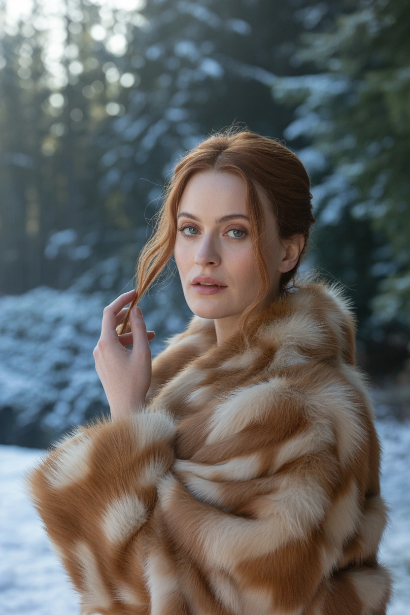 Женщина на фоне густых зеленых елей, в стильной соболиной шубе насыщенного карамельного оттенка с широким пушистым воротником. В среднем плане она опирается локтем на ствол дерева, другая рука касается волос, прямой взгляд в камеру. Волосы распущены, на лице естественный макияж, атмосфера винтажного глянца.