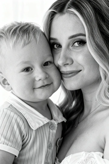 Сверхреалистичная черно-белая художественная фотография 8K женщины и ребенка, снятая очень крупным планом, щека к щеке так что видны только правая половина лица женщины и левая половина лица ребенка. которые смотрят в камеру. Их лица расположены рядом, почти соприкасаясь, образуя идеально сбалансированную симметричную композицию. Каждая деталь передана с фотографической точностью: тонкая текстура кожи и плавные градиенты света и тени. Видимая половина женщины включает ее бровь, один глаз , часть ее носа, щеку и губы, слегка приоткрытые в нежной, естественной улыбке, Видимая половина ребенка включает один глаз , круглую мягкую щеку, часть носа и небольшую улыбку, Фон белый и слегка размытый, что подчеркивает эмоциональную близость между ними. Освещение мягкое и рассеянное, создает деликатный контраст и тональную глубину. На снимке запечатлены нежность, близость и связь между матерью и ребенком, запечатленные с потрясающей реалистичностью. Не меняй черты лиц. 