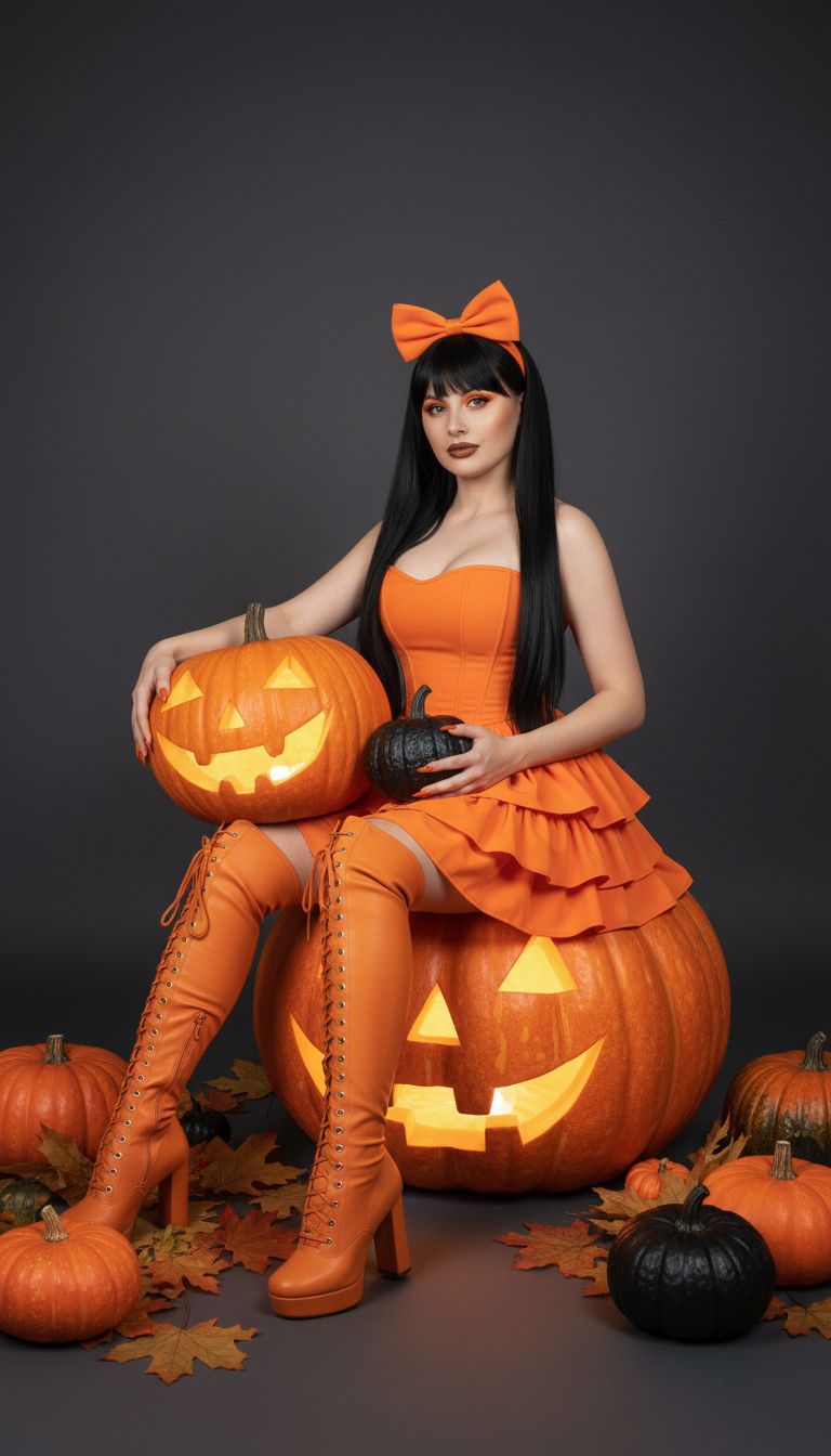 Создайте ультрареалистичное изображение человека на фотографии. На фотографии изображена женщина, сидящая на огромной, текстурированной, реалистичной тыкве с изогнутым лицом (подсвеченной изнутри). На снимке изображена фотостудия с однотонным темно-серым или черным фоном. Костюм женщины: длинные прямые черные волосы, ниспадающие на плечи. Полностью оранжевый ансамбль. Эстетика Хэллоуина и осени. На ней корсет без бретелек и короткая пятиярусная юбка с оборками яркого оранжевого оттенка. Подходящие к нему высокие сапоги до колена того же цвета со шнуровкой спереди. Разместите изображение на фоне фотостудии со светло-серым фоном и поставьте ее рядом с гигантской тыквой (подсвеченной изнутри), обхватив ее одной рукой. На земле также находятся тыквы разных оттенков и размеров, а также осенние листья и сухие листья разных осенних оттенков.
Освещение мягкое и равномерно распределенное, подчеркивая теплые цвета декораций и костюма на темном фоне. Короче говоря, это фотография в стиле пин-ап или фэшн на тему Хэллоуина и осени, в центре которой – женщина в оранжевом наряде, окруженная тыквами и подсолнухами. По всему полу разбросаны гирлянды из кленовых листьев, осенних листьев и сухих осенних листьев. Карандаш для губ у неё тёмно-коричневый. Помада – оранжево-коричневая. На веках – яркие золотисто-оранжевые тени. Немного хороших румян. На голове – ярко-оранжевый ободок с таким же ярко-оранжевым бантом. Миндалевидные ногти тёмно-оранжевые. На коленях у неё маленькая, пупырчатая чёрная тыква (подсвеченная изнутри).
Не меняй моё лицо.