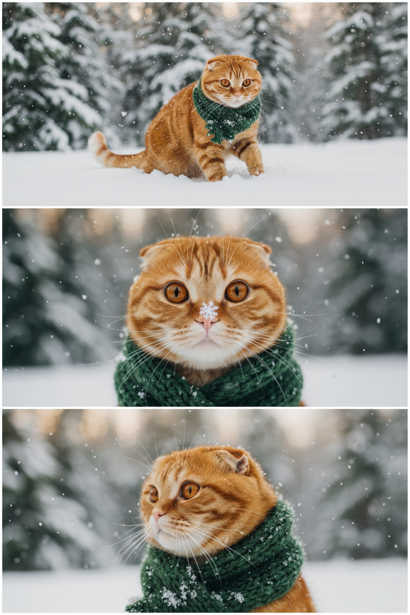     Коллаж из 3-Х фото моего питомца на зимнем фоне в снегу. Питомец в вязаном шарфе, вокруг падает снег, на заднем плане заснеженный лес.

Первый кадр — питомец в полный рост. Он играется со снегом 

Второй кадр — крупный план, увеличенный кадр мордочки питомца с одной снежинкой на носике. Мордочка питомца занимает весь кадр, взгляд прямо в камеру 
 
Третий кадр - портрет питомца, он смотрит в левую сторону. На фото виден шарф, на шарфу есть снежинки 

Три кадра объединены в вертикальный коллаж в едином тоне и свете. Атмосфера — реалистичная, теплая и немного кинематографичная.
Свет мягкий, утренний. Цвет шарфа - зеленый