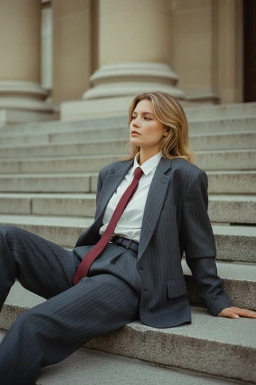 Портрет женщины в винтажном стиле 90-х. Она в свободном графитовом костюме с тонкой полоской, белой рубашке и бордовом галстуке. Пиджак и брюки oversize, создают силуэт 80–90-х. Галстук завязан свободно. Образ дополнен чёрным ремнём. Волосы распущены, уложены в мягкую волну набок с объемом, свет мягкий, дневной, на фоне очертания старинного здание с бежевыми колоннами, атмосфера ретро-журнала. Зернистость, приглушенные цвета пленочного фото. сидит на каменной лестнице, откинулась назад, руками опирается об пол. Голова чуть наклонена влево.