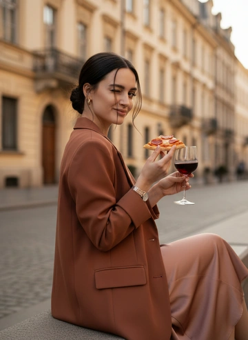 Лицо оставить строго без изменений. Стильная молодая девушка сидит в городской европейской обстановке на улице, тёплый вечерний свет. Она сидит расслабленно, корпус слегка повернут, одна нога согнута. В одной руке она держит кусок пиццы, в другой — бокал красного вина. На ней шелковое платье и оверсайз-пиджак, по цвету они гармонично подходят друг другу,  на запястье элегантные часы, минималистичные украшения. Темно-русые волосы собраны в низкий слегка небрежный пучок.
Длинные черные ресницы, красиво и очень аккуратно подведенные темно коричневым карандашом глаза. 

Сидит спиной. Голова повернута в сторону камеры, девушка улыбается и подмигивает, игривое и уверенное выражение лица. Атмосфера уютная, городская. Кинематографичная лайфстайл-фотография, мягкий естественный свет, тёплые оттенки, небольшая глубина резкости. Фон с городскими зданиями слегка размыт. Высокая детализация, реалистичная кожа, fashion-editorial стиль, эстетика Instagram.

Вертикальный формат, соотношение сторон 9:16, высокое качество, чёткий фокус, естественные цвета. 8k качество