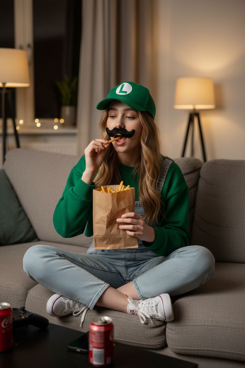 Неформальное фото женщины в костюме Луиджи дома вечером. Она сидит на диване и ест картошку фри из бумажного пакета. Костюм: зелёный укороченный свитшот, джинсовый комбинезон, зелёная кепка с буквой «L», белые кеды и накладные усы. Волосы распущены, макияжа почти нет. Реалистичный забавный снимок с естественным освещением.