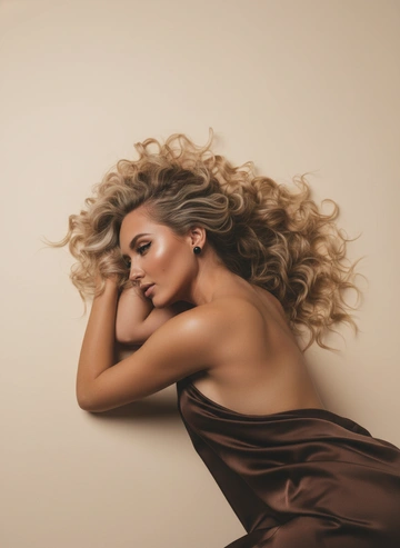 Промт 1
Создай портрет в вертикальной ориентации на светло-бежевом/кремовом минималистичном фоне. Женщина лежит на боку по диагонали кадра; верх тела (спина и бок) обнажён, низ прикрыт тёмно-коричневой атласной тканью с мягким блеском и складками. Поза расслабленная: голова на согнутых руках, лицо частично прикрыто и отвернуто от камеры. длинные густые кудрявые волосы рассыпаны по полу. Нюд-макияж, загорелая кожа, акцент на скулах, ресницы, стрелки, блеск на губах; круглые тёмные серьги. Мягкий свет сверху/слева создаёт блики и тонкие тени, подчёркивая изгибы. Много пустого пространства справа и сверху. Черты лица не менять. Высокая детализация, 4K.