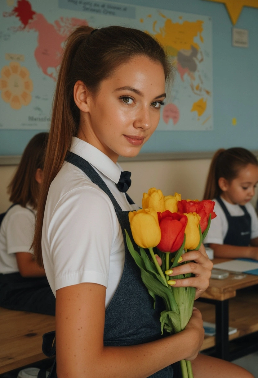 Девушка в строгой школьной форме и фартуке держит букет тюльпанов и смотрит в камеру через плечо, волосы собраны в два пышных банта. Позади украшенный школьный класс. Крупный план.