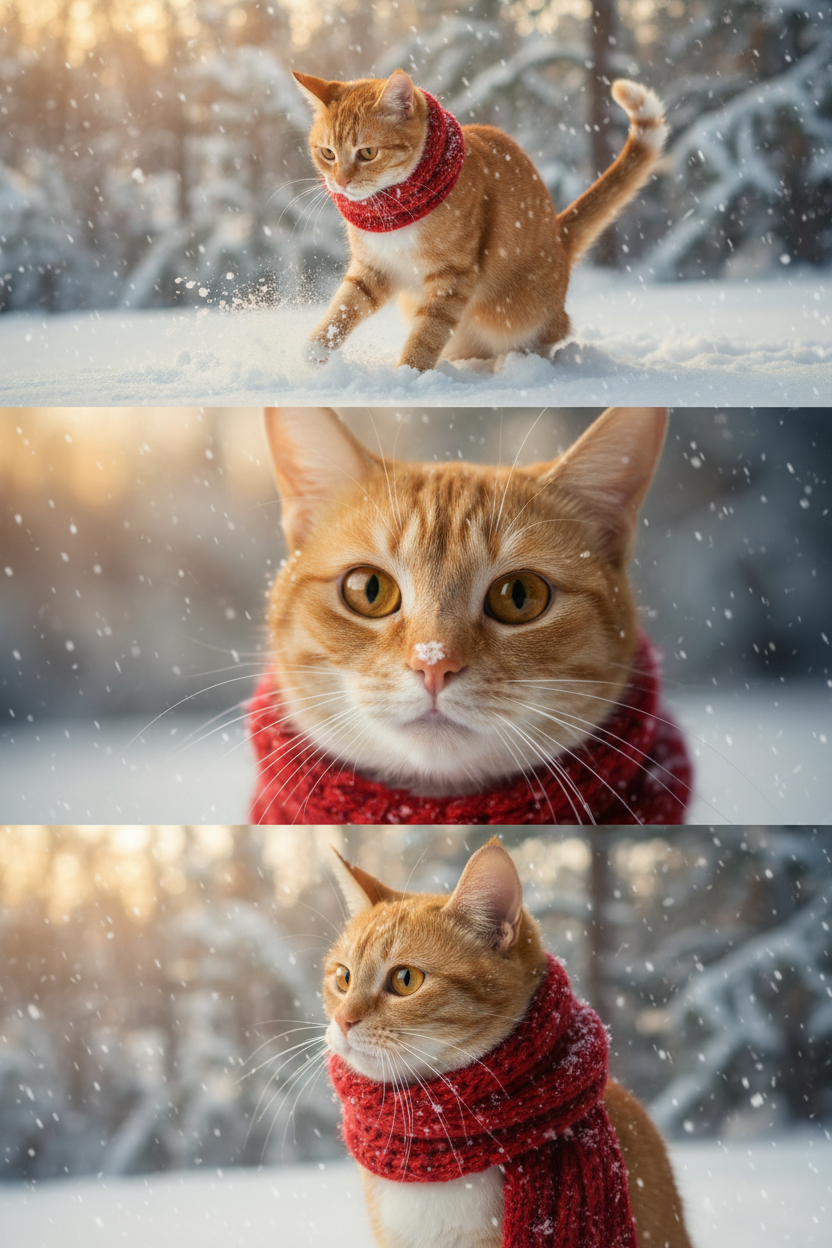     Коллаж из 3-Х фото моего питомца на зимнем фоне в снегу. Питомец в вязаном шарфе, вокруг падает снег, на заднем плане заснеженный лес.

Первый кадр — питомец в полный рост. Он играется со снегом 

Второй кадр — крупный план, увеличенный кадр мордочки питомца с одной снежинкой на носике. Мордочка питомца занимает весь кадр, взгляд прямо в камеру 
 
Третий кадр - портрет питомца, он смотрит в левую сторону. На фото виден шарф, на шарфу есть снежинки 

Три кадра объединены в вертикальный коллаж в едином тоне и свете. Атмосфера — реалистичная, теплая и немного кинематографичная.
Свет мягкий, утренний.  Цвет шарфа - красный 