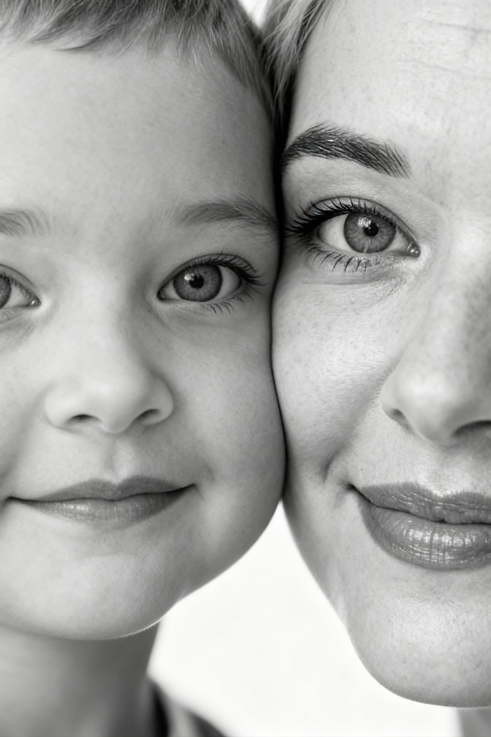 Сверхреалистичная черно-белая художественная фотография 8K женщины и ребенка, снятая очень крупным планом, щека к щеке так что видны только правая половина лица женщины и левая половина лица ребенка. которые смотрят в камеру. Их лица расположены рядом, почти соприкасаясь, образуя идеально сбалансированную симметричную композицию. Каждая деталь передана с фотографической точностью: тонкая текстура кожи и плавные градиенты света и тени. Видимая половина женщины включает ее бровь, один глаз , часть ее носа, щеку и губы, слегка приоткрытые в нежной, естественной улыбке, Видимая половина ребенка включает один глаз , круглую мягкую щеку, часть носа и небольшую улыбку, Фон белый и слегка размытый, что подчеркивает эмоциональную близость между ними. Освещение мягкое и рассеянное, создает деликатный контраст и тональную глубину. На снимке запечатлены нежность, близость и связь между матерью и ребенком, запечатленные с потрясающей реалистичностью. Не меняй черты лиц. 