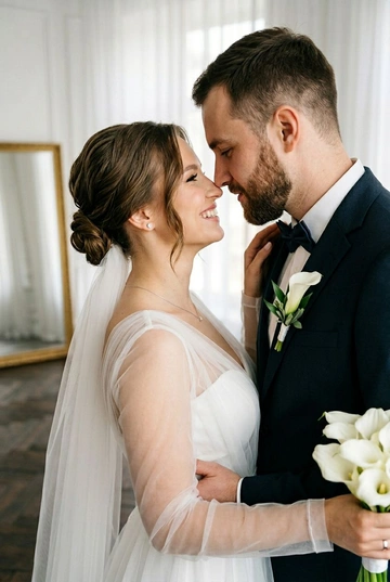 Современная свадебная фотосессия в светлой студии как на референсе: белые занавески, паркет, зеркало в золотой раме, мягкий естественный дневной свет. Эстетика editorial wedding и lifestyle. Не меняй внешность, комплекцию, цвет волос и возраст людей на первых фото. Жених в тёмном классическом костюме с бутоньеркой, темный галстук-бабочка, невеста в белом платье как на референсе, свадебный макияж. У женщины профессиональная укладка - объемный низкий пучок с прядями у лица навыпуск. В ушах бриллиантовые серьги-пусеты.. На голове у женщины лёгкая прозрачная свадебная фата, ниспадающая на плечи и спину. На шее у невесты тонкая цепочка из белого золота и мальенький брллиантовый кулон. Акцент на близость, прикосновения и живые эмоции. Кадр выглядит естественно, без жёсткого позирования. Реалистичное сходство, профессиональная свадебная фотография. Теплая цветовая гамма. В руках у невесты букет из белых калл. Жених ростом выше невесты.  Крупный портрет. Жених и невеста стоят лицом друг к другу, между ними минимальное расстояние. Видны лица и плечи. Акцент на эмоциях и дыхании момента.