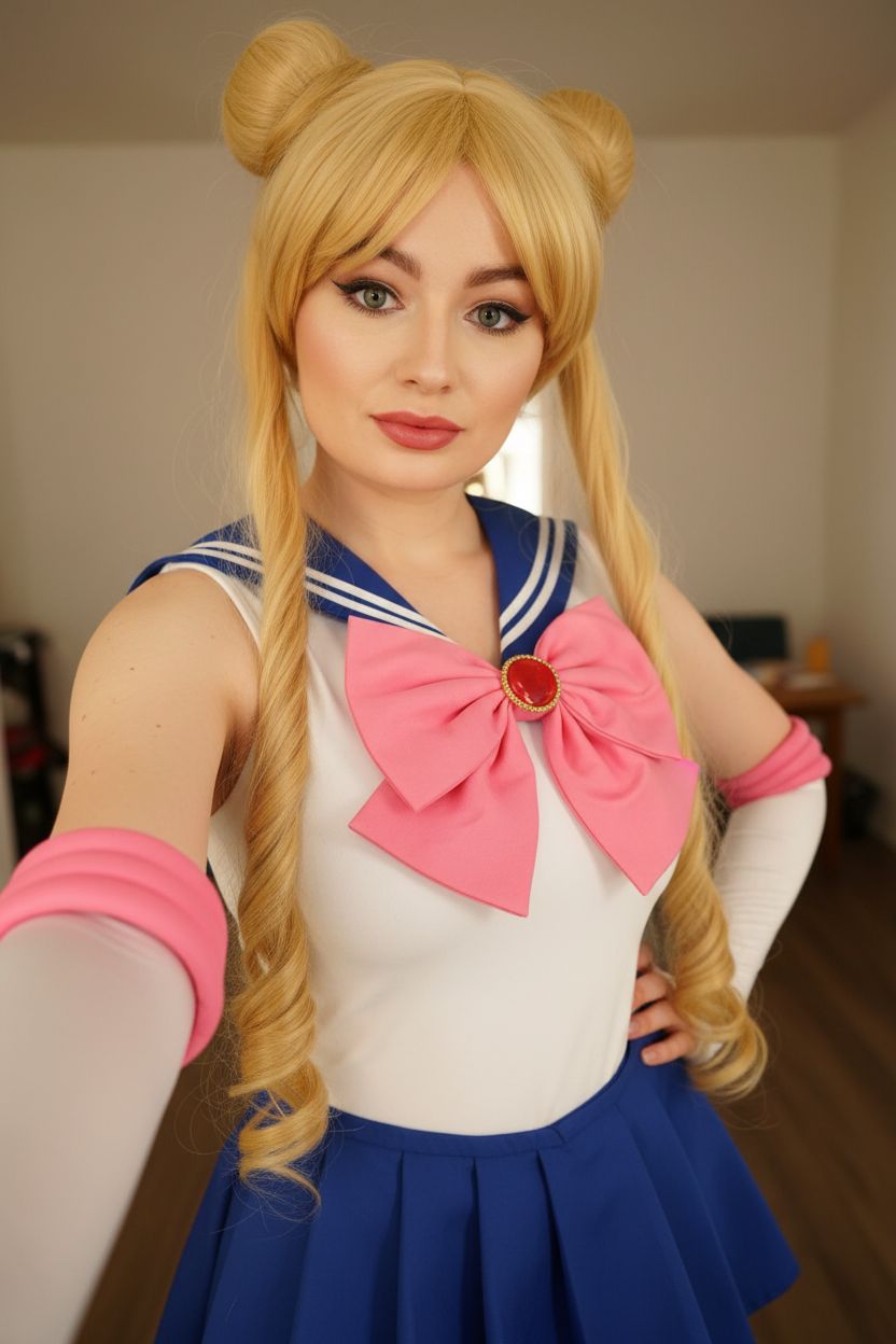 Реалистичное селфи от первого лица в костюме, вдохновлённом Сейлор Мун. На ней белый топ с большим розовым бантом, короткая синяя юбка-плиссе и белые перчатки с розовыми манжетами. На голове длинный светлый парик с двумя пучками. Она позирует, уверенно глядя в камеру, освещение тёплое и прямое. Сохранять настоящее лицо без изменений.