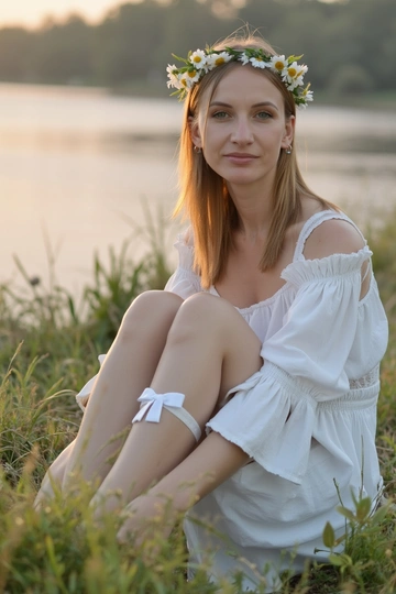 На фотографии изображена женщина, сидящая в высокой траве на фоне водоема, вероятно, реки или озера, отражающего закатное небо. Освещение мягкое и теплое, с золотистым оттенком, особенно заметным на поверхности воды и в волосах.

Выражение лица спокойное, с легкой полуулыбкой, взгляд направлен прямо в камеру. Взгляд кажется немного загадочным и безмятежным.

Поза сидячая, ноги согнуты в коленях и притянуты к груди. Руки обхватывают колени, правая рука лежит поверх левой. Эта поза создает ощущение уюта и защищенности.

Одежда состоит из белого платья с кружевными деталями. На ноге повязка с белым бантом. На голове венок из ромашек и других цветов.

В целом атмосфера фотографии нежная, романтичная и немного мечтательная. Она передает ощущение спокойствия и гармонии с природой. Язык тела расслабленный, что говорит об отсутствии напряжения или дискомфорта. Взгляд, направленный в камеру, устанавливает связь со зрителем, приглашая разделить этот момент.