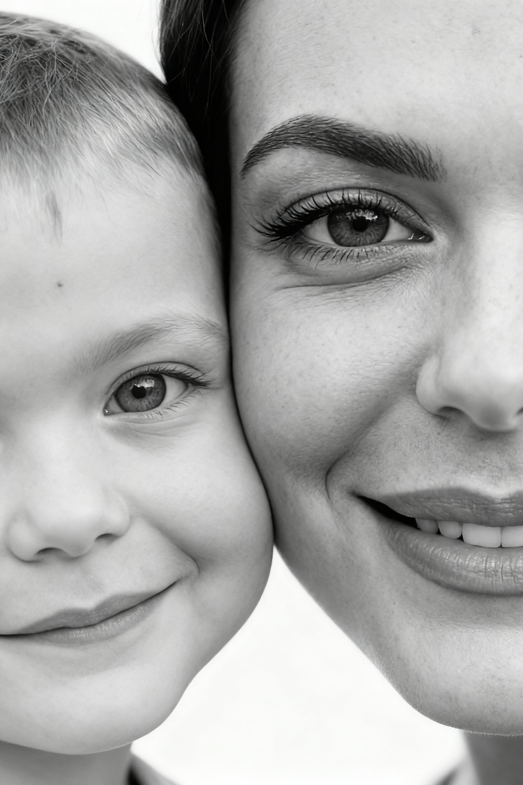Сверхреалистичная черно-белая художественная фотография 8K женщины и ребенка, снятая очень крупным планом, щека к щеке так что видны только правая половина лица женщины и левая половина лица ребенка. которые смотрят в камеру. Их лица расположены рядом, почти соприкасаясь, образуя идеально сбалансированную симметричную композицию. Каждая деталь передана с фотографической точностью: тонкая текстура кожи и плавные градиенты света и тени. Видимая половина женщины включает ее бровь, один глаз , часть ее носа, щеку и губы, слегка приоткрытые в нежной, естественной улыбке, Видимая половина ребенка включает один глаз , круглую мягкую щеку, часть носа и небольшую улыбку, Фон белый и слегка размытый, что подчеркивает эмоциональную близость между ними. Освещение мягкое и рассеянное, создает деликатный контраст и тональную глубину. На снимке запечатлены нежность, близость и связь между матерью и ребенком, запечатленные с потрясающей реалистичностью. Не меняй черты лиц. 