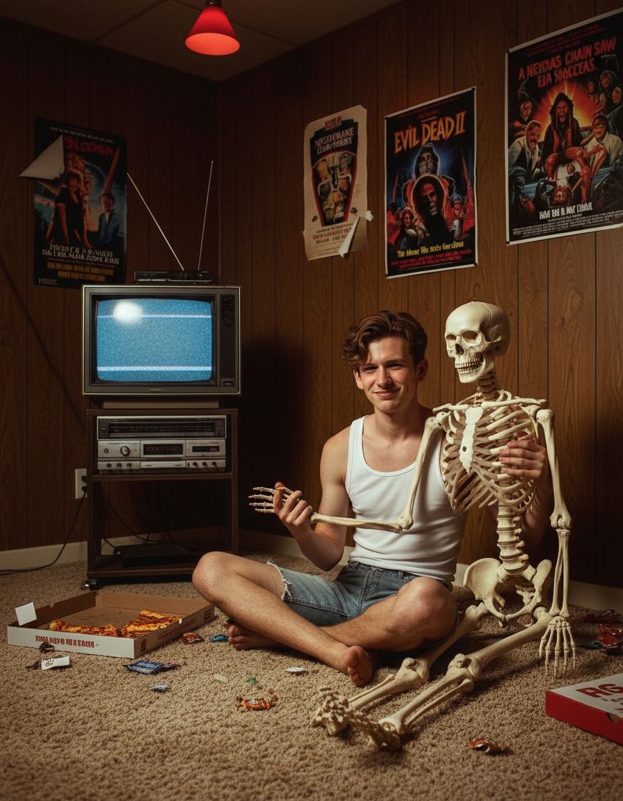 Ретро-сцена в стиле хоррор. Мужчина в светлой майке и шортах сидит на пушистом ковре рядом с анатомическим скелетом. Комната в стиле 80–90-х: деревянные панели, постеры фильмов ужасов, старый телевизор и стереосистема. Атмосфера ироничная, с оттенком чёрного юмора и ретро-эстетики.