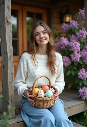 Женщина в длинной юбке и белом свитере сидит на крыльце деревянного дома, держа в руках плетёную корзину с крашеными яйцами. Она смотрит прямо в камеру, её улыбка искренняя. Позади цветущие сиреневые кусты и деревянные резные наличники. Крупный план, создающий тёплую атмосферу весны и семейного уюта.