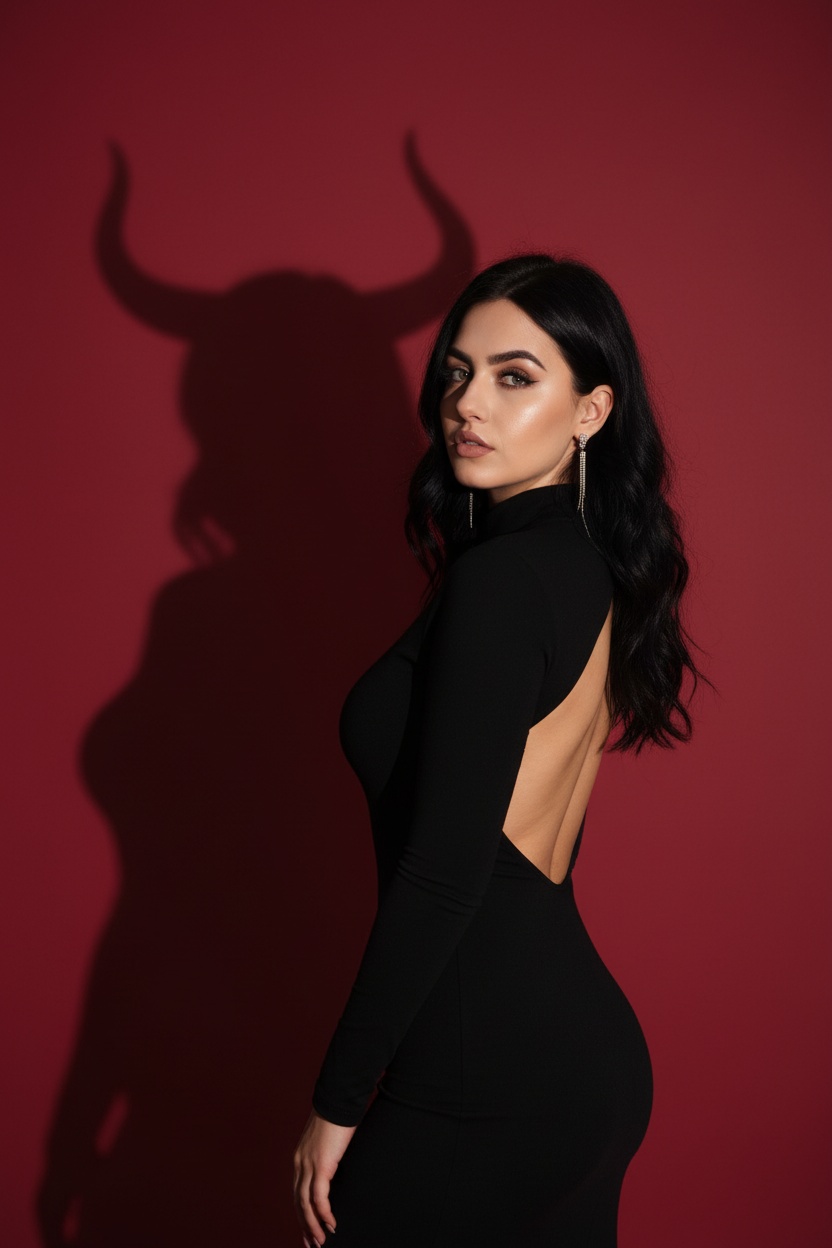 Средний портрет в профиль, девушка стоит боком к камере, лицо повернуто к зрителю. Позади на фоне четкая крупная тень, которая имеет силуэт девушки с рогами — визуальный акцент всей сцены. На девушке обтягивающие черное платье с длинными рукавами, глубокий вырез на спине. Макияж деликатный, акцент на губах и глазах, длинные волосы. Висят длинные серьги. Гладкий красный фон, на котором отбрасывается выразительная тень с большими изогнутыми рогами, как у быка или мифического существа. Окружение минималистичное, ничего лишнего — только девушка и её необычная тень. Важно: не изменять лицо.