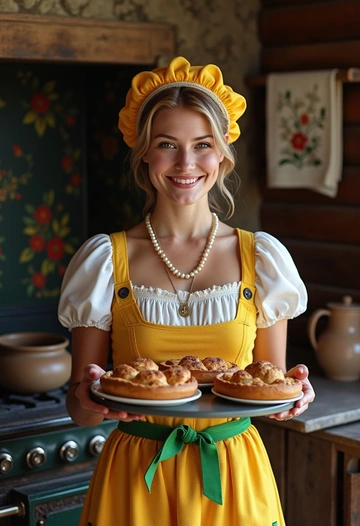 Женщина в ярком сарафане с зелёным поясом и кокошником, украшенным жемчугом, стоит на фоне старинной русской печи с расписными узорами. В руках она держит поднос с домашними пирогами и смотрит на камеру с теплой улыбкой. Позади виден интерьер деревянной избы с рушниками и глиняной посудой. Освещение мягкое, акцент на её наряде и уютной атмосфере.