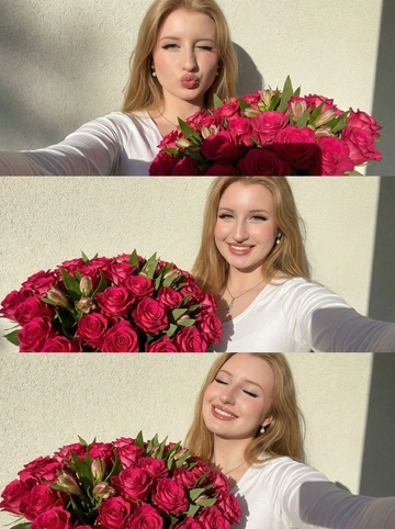 Селфи фронтальная камера, вертикальный коллаж 3 кадра (стопкой), 9:16: длинные ресницы, белый топ с длинным рукавом, жемчужные серьги-гвоздики.
В каждом кадре огромный букет (100) фуксиевых роз + зелёные альстромерии: 1) duck face + подмигивание в камеру, 2) уверенная улыбка в камеру, 3) улыбка с закрытыми глазами, безмятежное счастье. Жёсткий солнечный свет справа, высокий контраст, резкие тени, светлая нейтральная текстурная стена, lifestyle aesthetic.