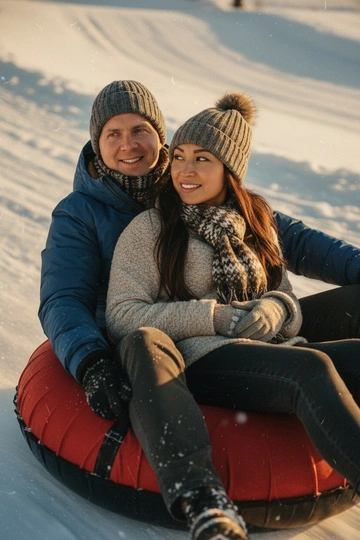 Используй ДВА загруженных фото: мужчина и женщина. Не изменяй лица исходных фото (черты, пропорции, возраст, мимику). Сохраняй естественные телосложения. Очки и аксессуары сохраняй только если есть на исходниках. Делай реалистичную перспективу и тени, избегай «пластиковости». Кинематографический близкий портрет лиц мужчины женщины Они сидят на тюбинге девушка на мужчине Они в зимней одежде уютной Едут с горки зимой День фото в золотой час У них легкая улыбка Кинематографический стиль с добавлением мелкого зерна Весь снимок выглядит реалистично, со студийным освещением, глубокими тенями и текстурами, подчеркнутыми в одежде. Волосы у девушки блестящие длинные