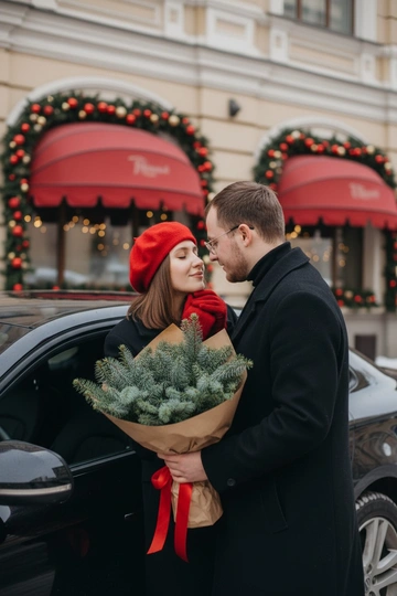 Используй ДВА загруженных фото: мужчина и женщина. Не изменяй лица исходных фото (черты, пропорции, возраст, мимику). Сохраняй естественные телосложения. Очки и аксессуары сохраняй только если есть на исходниках. Делай реалистичную перспективу и тени, избегай «пластиковости». Не меняя внешности людей с фото, в уютном зимнем городском кадре молодая женщина в красном берете и перчатках сидит в открытой двери чёрного автомобиля, её длинные волосы на плечах, она слегка наклонена вперёд с закрытыми глазами. Мужчина в черной водолазке  и пальто черного цвета  поддерживает её за подбородок, с лёгкой бородой, аккуратными волосами и очками, в руке большой букет еловых веток в крафтовой бумаге с красной ленточкой, занимая передний план и создавая праздничную атмосферу. Фон с размытым фасадом здания, красными маркизами и зимним декором — зелёные ветки и красные шары. Мягкий дневной свет освещает лица, создавая интимность сцены, в тёплых тонах с яркими красными акцентами. Фотореалистичное изображение, высокая детализация, 4K.