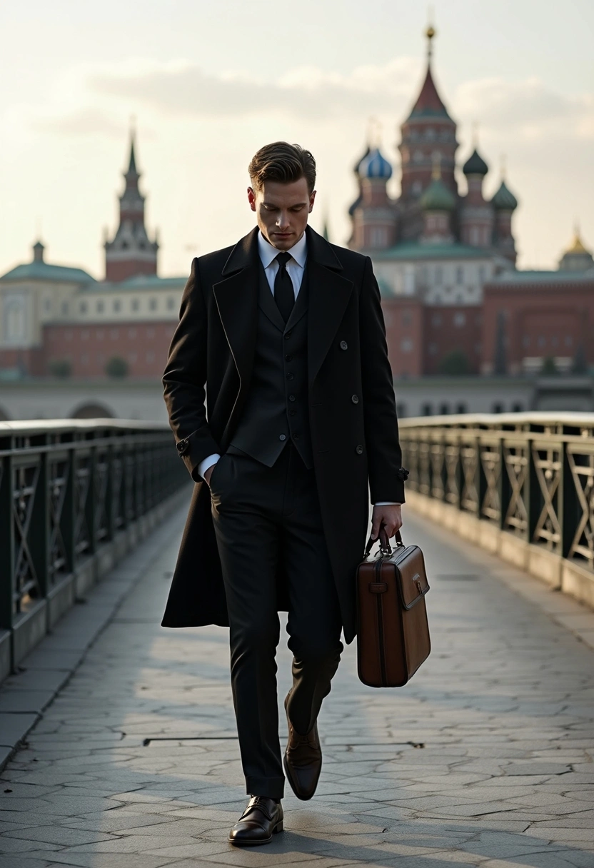 Мужчина в классическом костюме и длинном чёрном пальто идёт по мосту над каналом Грибоедова. Его взгляд направлен вниз, руки держат кожаный портфель. Позади виден Спас на Крови с его куполами. Освещение мягкое, акцент на историческом контексте.