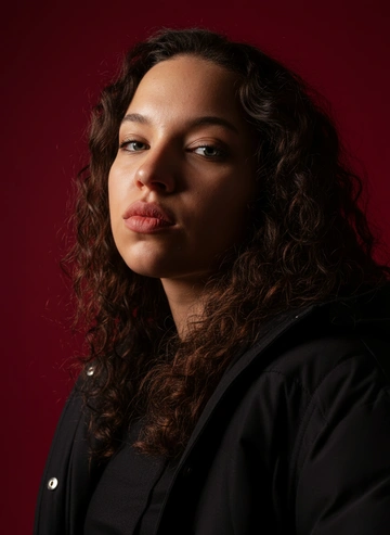 Создай портрет, используя те же черты лица (на основе загруженного фото), характеризующийся резким кинематографическим освещением и интенсивным контрастом. Снятый с немного нижнего ракурса, направленного вверх, что подчеркивает линию подбородка и шеи модели, этот портрет производит впечатление доминантности и скульптурной элегантности. Фон — глубокий, насыщенный малиново-красный, создающий яркий визуальный контраст со сияющей кожей модели и темной одеждой.