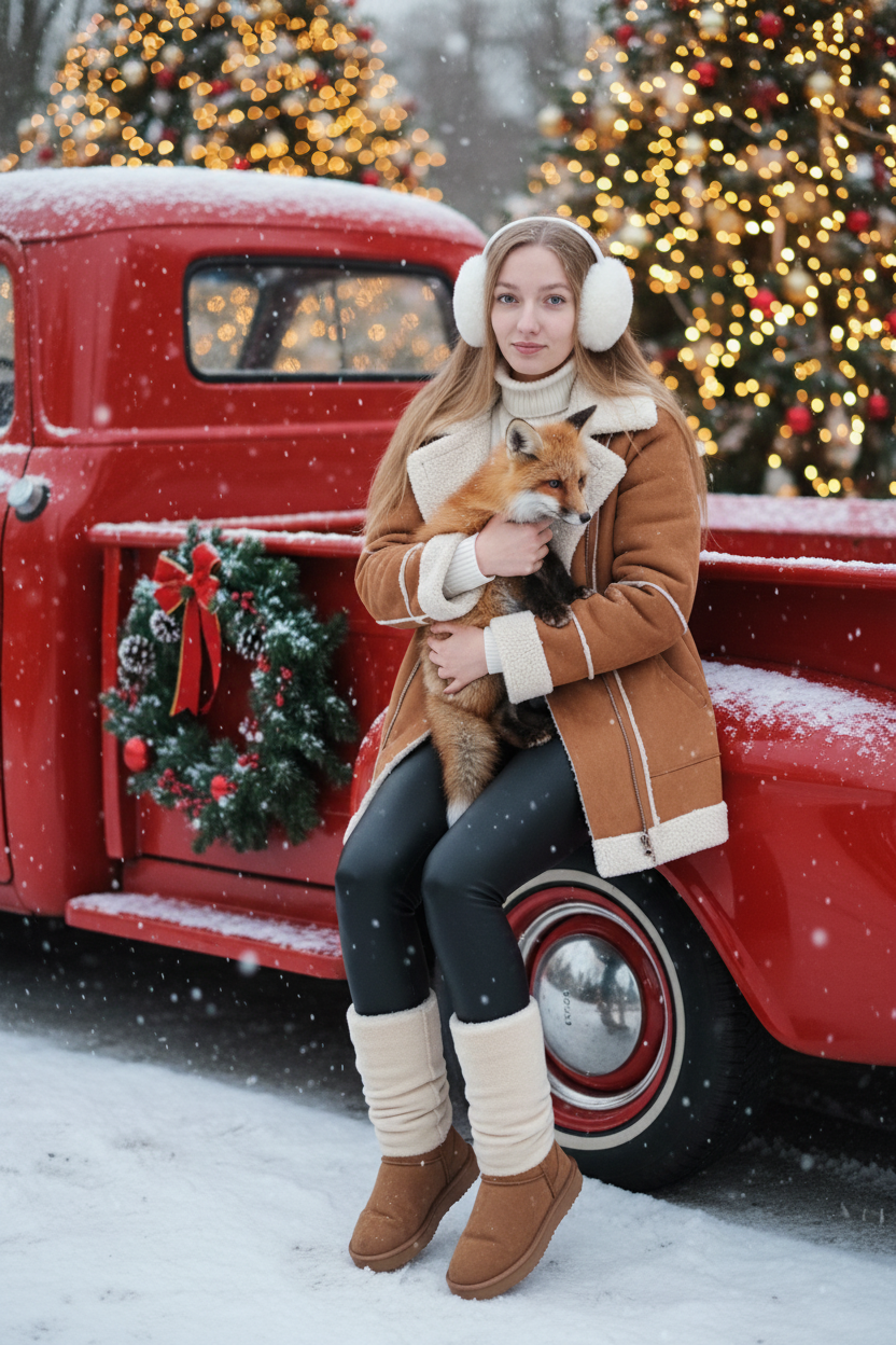 Портрет молодой женщины, сидящей на кузове винтажного красного грузовика. Девушка держит на руках животное. На ней коричневая дубленка с белой окантовкой из овчины по воротнику, манжетам и карманам, под дубленкой белый свитер с горловиной, черные лосины тканевые без блеска, на ногах укороченные, высотой до щиколоток коричнево-бежевые угги на платформе и кремовые гетры до середины икр, выглядывающие из уггов. 
Девушка смотрит в камеру, на ее лице легкая улыбка. 

На грузовике — праздничный рождественский венок. На земле лежит снег.

Мягкий снег падает. Атмосфера — реалистичная, теплая и немного кинематографичная. Сияющие рождественские огоньки и украшения создают яркую теплую атмосферу. Разрешение 8K, акцент на текстуру одежды, снег и сверкающие огоньки на заднем фоне. —ar 3:4 —v.

Не меняй черты лица.  На голове девушки белые зимние меховые наушники. Держит на руках рыжую лису