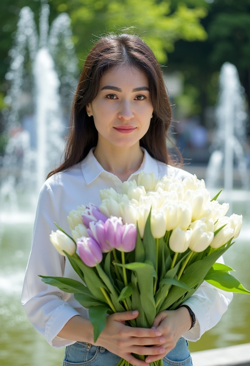 Әйел саябақтағы субұрқақтардың жанында тұрып, қолында ақ және күлгін қызғалдақтардан тұратын үлкен шоқты нәзік ұстап тұр. Артында күн сәулесімен жарқыраған су тамшылары жеңілдік пен мерекелік әсер береді. Ол басын сәл бұрып, камераға күлімсірейді. Жақыннан түсірілген кадр, гүлдердің жаңалығы мен қуанышты сәтке баса назар аударылған.