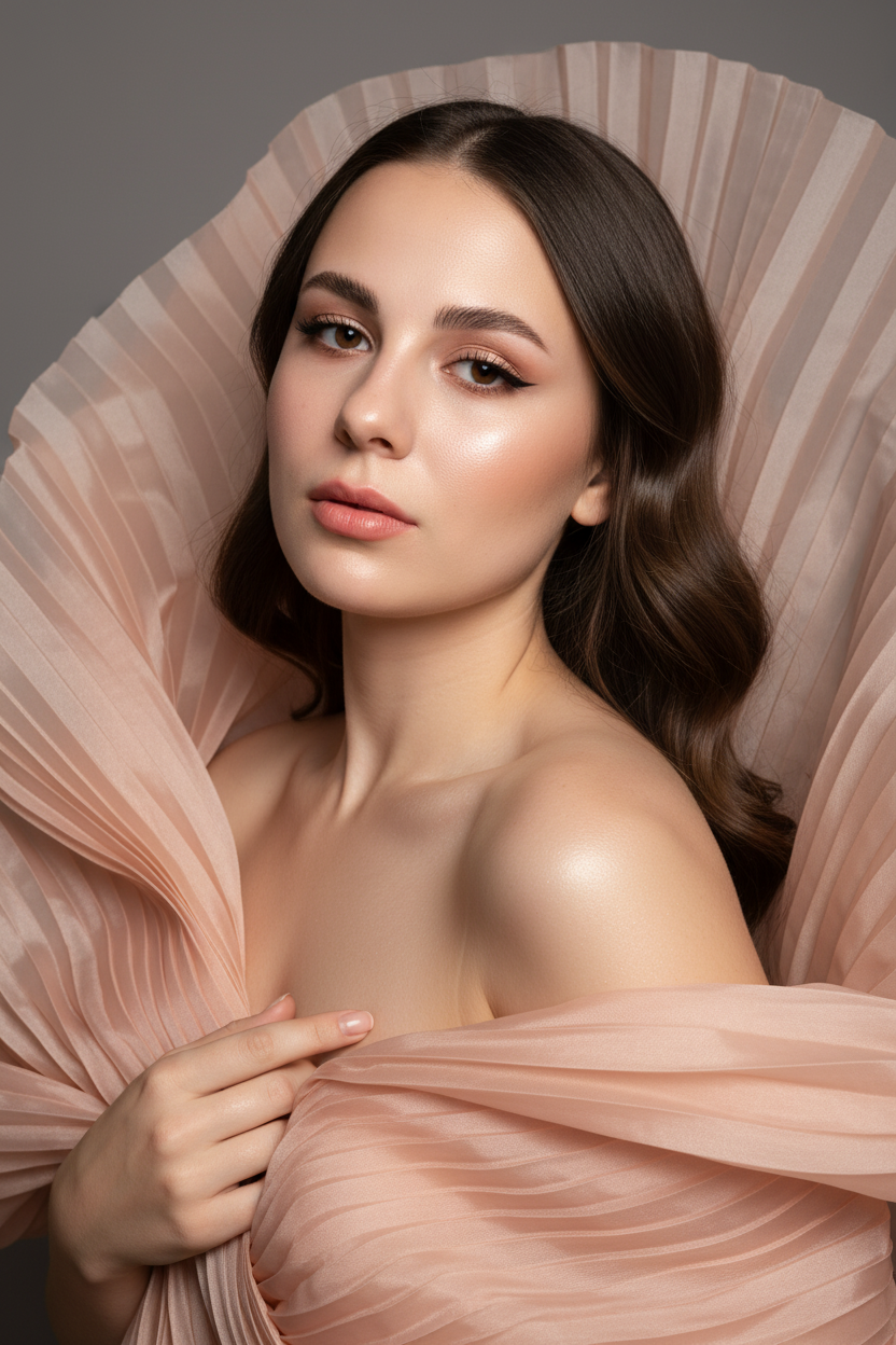    Создайте гиперреалистичный профессиональный студийный портрет женщины с волосами, уложенными на ровный пробор посередине, которые каскадом ниспадают на левое плечо (справа от зрителя) и частично скрыты за правым плечом (слева от зрителя). Камера снимается с немного низкого уровня глаз, глядя прямо на модель, охватывая ее от середины груди и выше. Голова слегка наклонена, взгляд прямой и притягательный.
Ее кожа безупречно гладкая и интенсивно сияет, словно подсвеченная мощным, сфокусированным источником света, подчеркивая мельчайшие поры и естественную текстуру кожи с сияющим, почти воздушным свечением, особенно в области декольте, плеч и верхних линий лица.

Её макияж тщательно проработан:
Глаза: чётко очерченные, ухоженные брови с заметными волосками, мягкие тени тёплых тонов (персиково-розовые и светло-коричневые) с лёгким мерцанием, чёткая чёрная подводка для глаз, создающая нежный кошачий взгляд, и идеально распущенные, объёмные ресницы, подчеркивающие каждую ресничку, с лёгким акцентом на нижних ресницах. Во внутреннем уголке глаза выделяется яркий блик. Радужки глаз отражают рассеянный студийный свет с изысканными узорами.
Щёки: лёгкий, растушёванный румянец натурального розового или персикового оттенка, изящно очерченные скулы и интенсивный, почти влажный блик на выступающих частях лица (скулы, переносица, дуга Купидона), создающий эффект увлажненности и сияния. Губы: губы нежного, естественного кораллово-розового или розово-персикового цвета с мягким атласным финишем, подчеркивающим тонкие естественные линии и текстуру губ, с лёгким бликом на дуге Купидона.

Она изящно одета в объёмную, струящуюся ткань с изящной плиссировкой, напоминающую прозрачный атлас или шёлк. Плиссированная ткань эффектно обрамляет фигуру, создавая объёмную, почти органичную форму, которая высоко поднимается за головой и огибает левое плечо (правое для зрителя), изящно струясь по груди и открывая обнажённые плечи. Материал обладает лёгким, сияющим блеском и мягкой полупрозрачностью, улавливая и отражая студийный свет, подчёркивая его роскошную текстуру и плавные движения. Складки очень детализированы, создавая глубокие тени и яркие блики, которые подчёркивают волнистую форму, а некоторые участки ткани также демонстрируют повышенную светоотражающую способность. Её правая рука (левая для зрителя) нежно касается ткани у груди, на ней видны ухоженные ногти. Освещение выполнено по принципу софтбокса, но с более сильным, концентрированным основным светом для создания интенсивного свечения, сохраняя при этом мягкие тени, которые подчёркивают черты её лица и изгибы плеч без резкости. Фон — гладкий, однотонный средне-серый, обеспечивающий чистый контраст и полностью фокусирующийся на модели. Общее впечатление — утончённая элегантность, изящество и гиперреалистичная детализация, передающая каждый нюанс её красоты, выражения лица и сложную текстуру её волос, кожи и одежды. Черты лица и особенности её внешности должны быть точно воспроизведены с референсной фотографии. Плиссированная ткань нежного, приглушённого персикового или пыльно-розового цвета