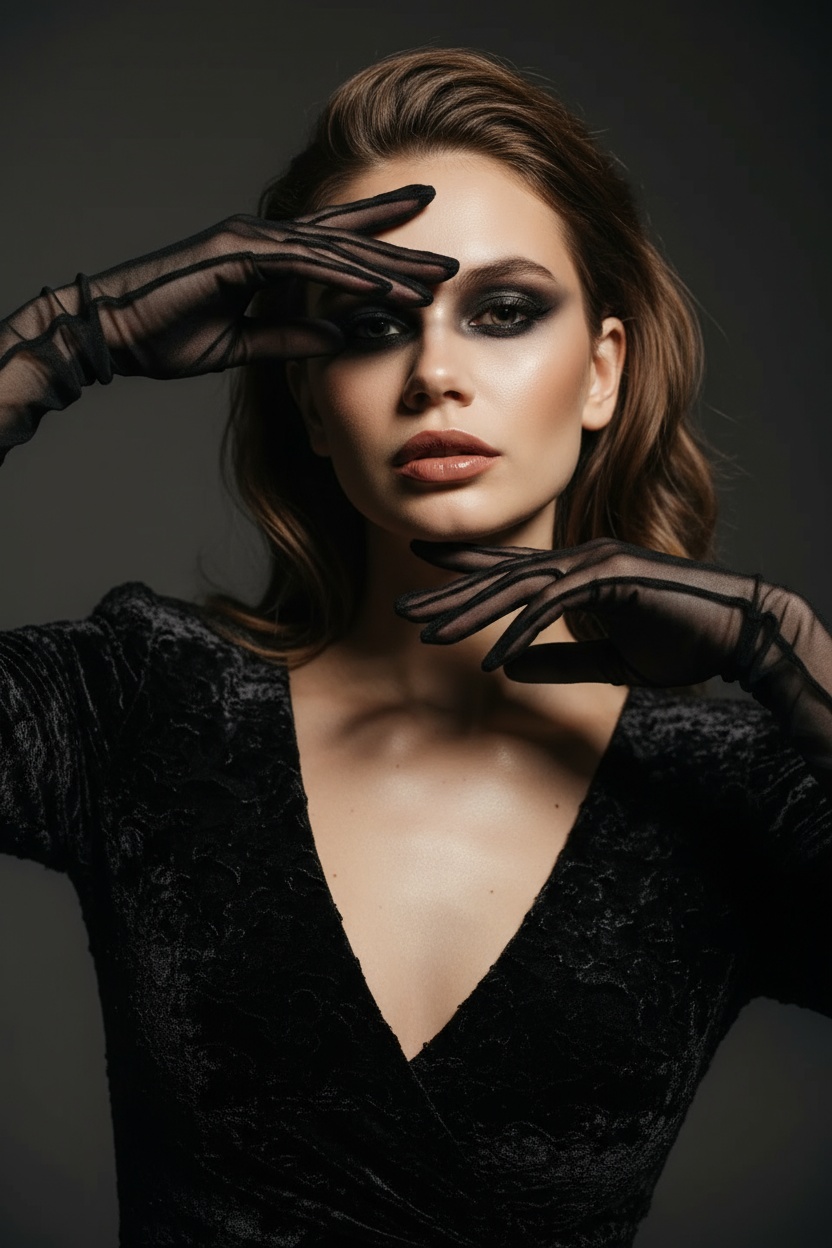 На моей фотографии крупным планом изображена гламурная женщина на темно-сером фоне, в прозрачных чёрных перчатках и чёрном платье. Она позирует, обрамляя лицо руками, отбрасывая на глаза эффектные тени. Яркий макияж глаз с аккуратной подводкой, гладкая и безупречная кожа, кинематографическое освещение, стиль высокой моды, атмосфера таинственности и соблазнительности. 