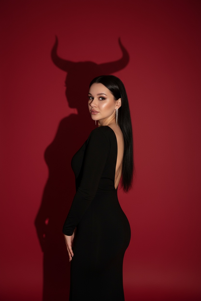 Средний портрет в профиль, девушка стоит боком к камере, лицо повернуто к зрителю. Позади на фоне четкая крупная тень, которая имеет силуэт девушки с рогами — визуальный акцент всей сцены. На девушке обтягивающие черное платье с длинными рукавами, глубокий вырез на спине. Макияж деликатный, акцент на губах и глазах, длинные волосы. Висят длинные серьги. Гладкий красный фон, на котором отбрасывается выразительная тень с большими изогнутыми рогами, как у быка или мифического существа. Окружение минималистичное, ничего лишнего — только девушка и её необычная тень. Важно: не изменять лицо.