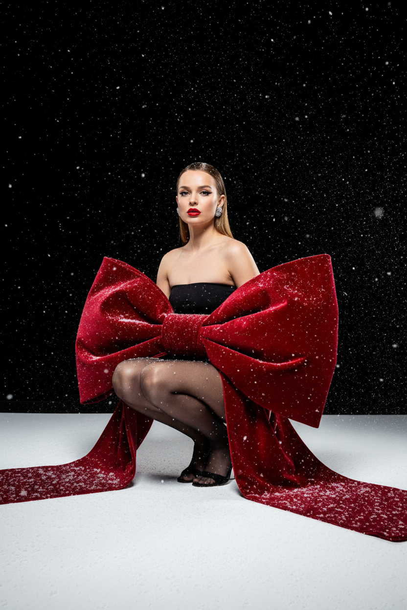 Создай изображение не меняя черты лица. Студийный портрет в стиле рождественской/новогодней модной кампании. Я в элегантной, присевшей позе, взгляд сфокусирован прямо в камеру. Огромный, гипертрофированно большой, роскошный бант из красного бархата, который обернут вокруг тела модели как кутюрный элемент одежды  с очень длинными, широкими ниспадающими концами, которые тянутся по полу. Бант и белый пол покрыты имитацией снега. Минималистичный черный топ без бретелей (bandeau) ,темные, полупрозрачные колготки, черные босоножки с открытым носом, на среднем каблуке. Гладко зачесанные назад волосы. Классический, выразительный макияж: яркая алая помада, четкие черные стрелки, хайлайтер. В ушах крупные, блестящие серьги-гвоздики.

Драматичное, контрастное студийное освещение (split lighting). Ярко освещенный белый пол/поверхность. Фон — глубокий черный, с эффектом динамично падающего яркого снега (snow dust effect).Фотография в высоком разрешении, гиперреализм, кинематографическое качество, профессиональный editorial-снимок для обложки Vogue, снято на камеру Hasselblad.