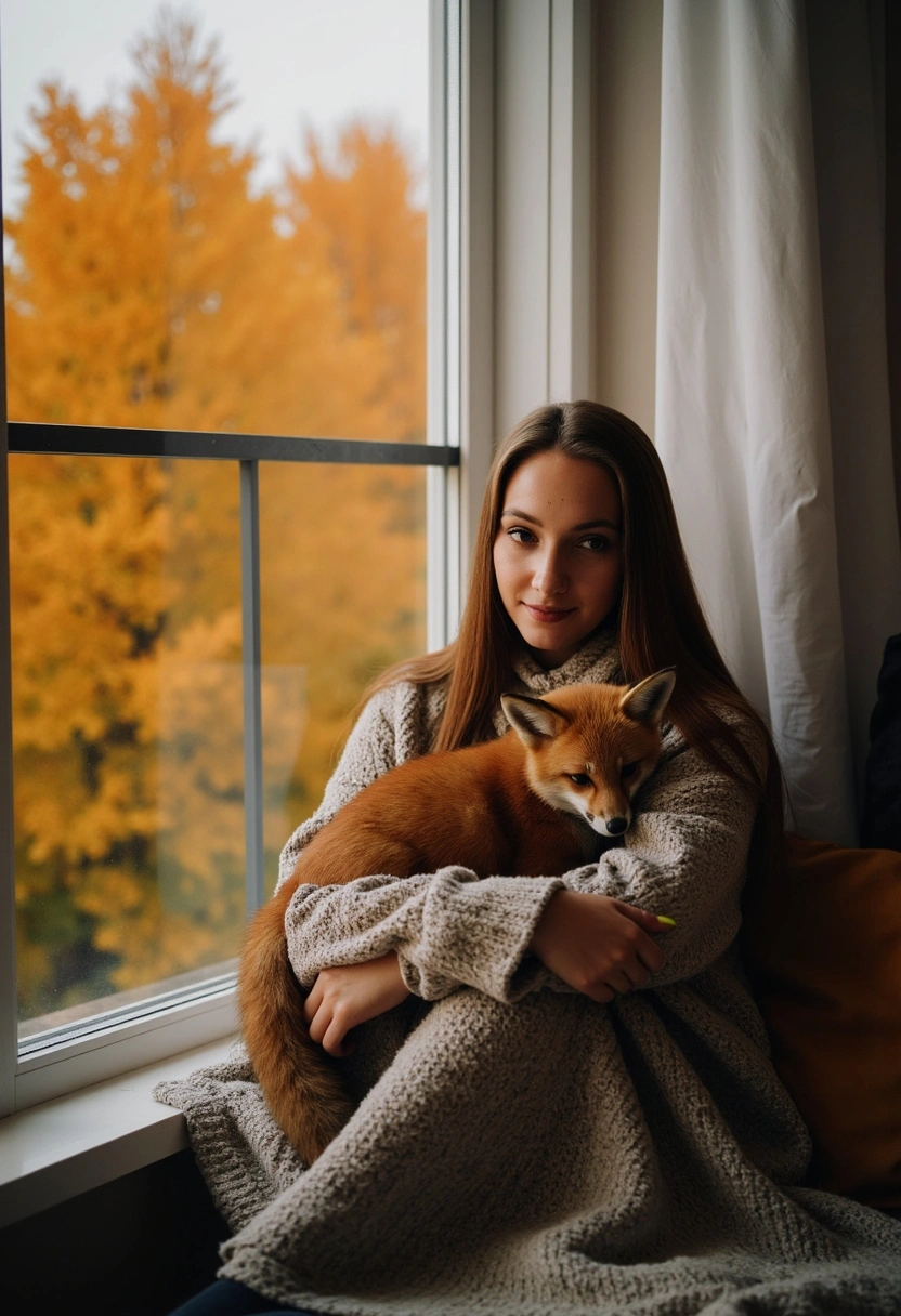 Женщина в уютном пледе сидит на балконе, на её плечо залезла рыжая лисица, за спиной виден осенний парк