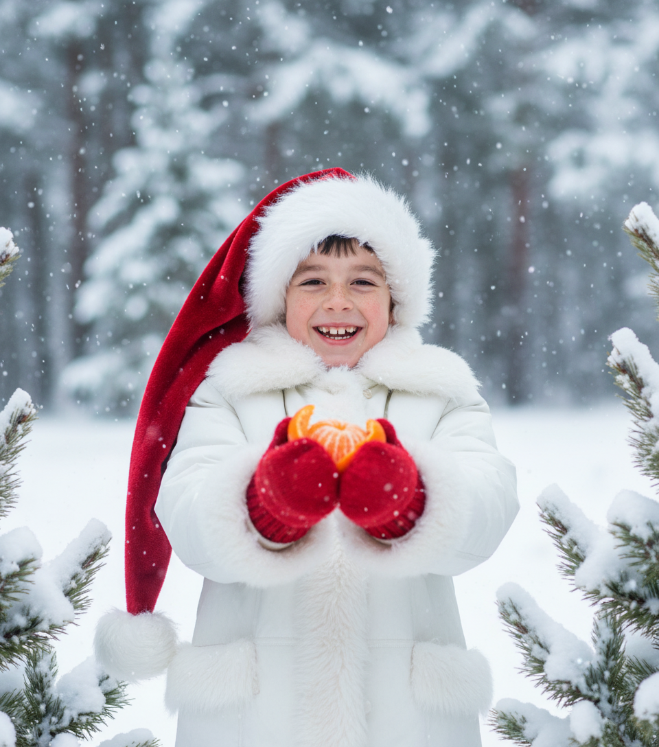 Создайте портрет улыбающегося ребенка в 8K-качестве, в длинной шапке Санты Клауса, красных варежках и белое зимнее пальто или куртка с отделкой и подкладкой из белого меха или шерпы на воротнике, манжетах и ​​спереди поверх. Ребенок протягивает в камеру мандарин. Справа и слева видны заснеженные сосновые ветки. На заднем плане — заснеженный лес. Это идиллическая и праздничная зимняя фотография с мягким падающим снегом. Bзображение передаёт нежное, игривое и немного волшебное ощущение. Сохраните черты лица человека на представленном фото.