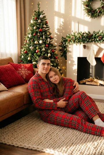   Создай трогательный кадр из профессиональной фотосессии в студии, где запечатлен момент семейной близости. Люди на фото могут быть как взрослыми так и детьми, в зависимости от предоставленных фото. Сделай так, чтобы все они смотрелись гармонично и трогательно. Фото в стиле Энни Лейбовиц, четкий фокус.

Люди в расслабленных позах на низком коричневом кожаном диване и на плотном светлом вязаном ковре. Естественные прически и минимальный макияж. 

Студия украшены в рождественском или новогоднем стиле, рядом с диваном стоит елка, позади дивана камин. Каминная полка украшена еловой гирляндой, шишками и маленькими рождественскими носочками. На диване красные декоративные подушки. В студии висят теплые гирлянды и мягко светятся.  

На фото видно лица людей и они смотрят в камеру.
 
Освещение мягкое, естественное, теплое, в стиле "Золотой час", мягкие тени, камера на уровне глаз, теплый цветовой грейд (золотисто-коричневые тона), натуральные оттенки, тонкая ретушь, мягкая пленочная текстура, атмосфера уюта, семейного тепла и близости. Одежда в стиле классических красных пижам в клетку 