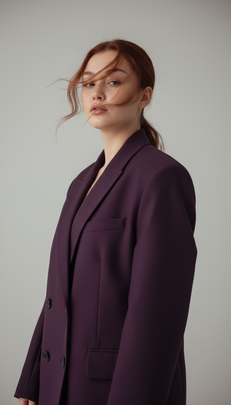  Гиперреалистичная модная фотография, портретом крупным планом,элегантная женщина-, слегка развивающими на ветру волосами, 
, в негабаритном структурированном феолетовом пиджаке, фото портретом, уверенная позиция, минималистский чистый студийный фон  с мягким нейтральным освещением, , изысканная авангардная редакционная атмосфера, современный стиль журнала, 85-миллиметровый объектив f/2.0, средний формат --p cz2pqao
