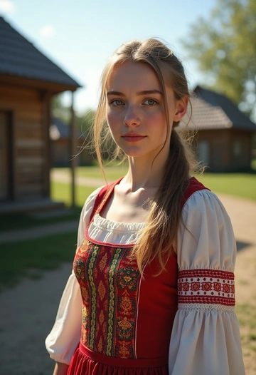 Женщина стоит на фоне Этнографического комплекса «Тальцы», крупный план. Она одета в традиционное русское платье с яркими узорами, волосы аккуратно собраны. На фоне видны деревянные постройки, характерные для сибирской архитектуры, а также окружающий пейзаж с зелеными деревьями и легким покрытием земли. Свет падает на лицо, подчеркивая её черты и придавая ощущение теплоты. Женщина смотрит прямо в камеру, её выражение лица спокойное и уверенное.