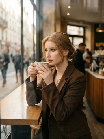 Сохрани внешность девушки с исходного фото 1:1. Создай ультра реалистичный кадр девушки с чашкой кофе. Девушку видно по пояс в кадре. Она сидит в кофейне за высоким столом прямо у окна, кадр сделан с улицы сбоку, девушку видно через окно кофейни. У неё красивый низкий небрежный пучок, макияж профессиональный, ровная кожа с лёгким сиянием, красивые дымчатые тени, глаза подведены коричневым карандашом, реснички коричневые аккуратные. Девушка в стильном приталинном темно-коричневом жакете. Она двумя руками держит изящную чашку с кофе, поднося ее к губам, взгляд направлен на улицу. Высокое качество фото. Свет утренний естественный. Кинемотографичный кадр.