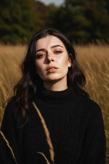 Фотосессия женщины в стиле модной съемки на открытом воздухе. Она позирует на поле с высокой травой, вдали виднеется роща деревьев. Цветовая гамма землистая и насыщенная, с оттенками зеленого и коричневого. Женщина одета в объемный вязаный свитер с высоким воротом, черного цвета. Макияж естественный, в коричневых оттенках. Кожа сияет. Волосы распущены, немного развеавются на ветру. Fashion editorial, vogue style, old money, cinematic lighting, 8K, ultra-realistic. Очень крупный план: она подняла взгляд вверх, сквозь листья падает свет. Глаза всё равно направлены в камеру, лёгкая игра света и тени на лице.