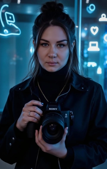 На фотографии женщина, стоящая прямо и смотрящая прямо в камеру. Ее выражение лица спокойное и сдержанное, с намеком на уверенность. Губы слегка изогнуты в легкой улыбке. Она держит в руках камеру Sony, словно готова сделать снимок. 

Она одета в черную водолазку и черную куртку, что придает ей профессиональный и собранный вид. На шее у нее тонкая цепочка. 

Освещение на фотографии мягкое, с синим оттенком, исходящим от светящихся неоновых значков на заднем плане, что создает современную и технологичную атмосферу. На заднем плане видны светящиеся изображения ноутбука, смартфона и других цифровых символов. Общее впечатление от фотографии – уверенность, профессионализм и современность.