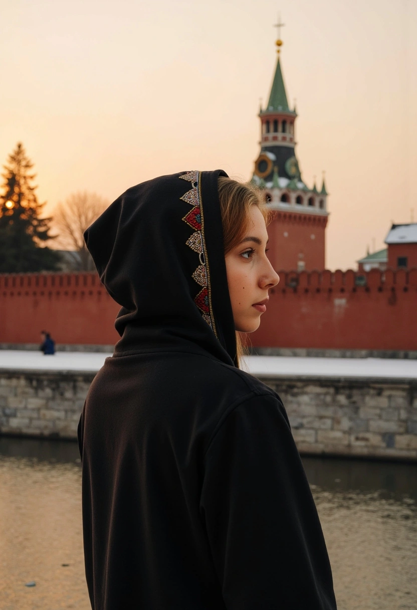 Женщина в капюшоне с декоративной вышивкой стоит у кремлёвской стены с видом на Спасскую башню, вокруг закатное освещение