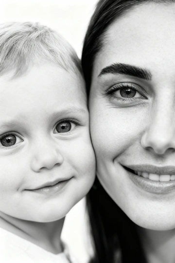 Сверхреалистичная черно-белая художественная фотография 8K женщины и ребенка, снятая очень крупным планом, щека к щеке так что видны только правая половина лица женщины и левая половина лица ребенка. которые смотрят в камеру. Их лица расположены рядом, почти соприкасаясь, образуя идеально сбалансированную симметричную композицию. Каждая деталь передана с фотографической точностью: тонкая текстура кожи и плавные градиенты света и тени. Видимая половина женщины включает ее бровь, один глаз , часть ее носа, щеку и губы, слегка приоткрытые в нежной, естественной улыбке, Видимая половина ребенка включает один глаз , круглую мягкую щеку, часть носа и небольшую улыбку, Фон белый и слегка размытый, что подчеркивает эмоциональную близость между ними. Освещение мягкое и рассеянное, создает деликатный контраст и тональную глубину. На снимке запечатлены нежность, близость и связь между матерью и ребенком, запечатленные с потрясающей реалистичностью. Не меняй черты лиц. 